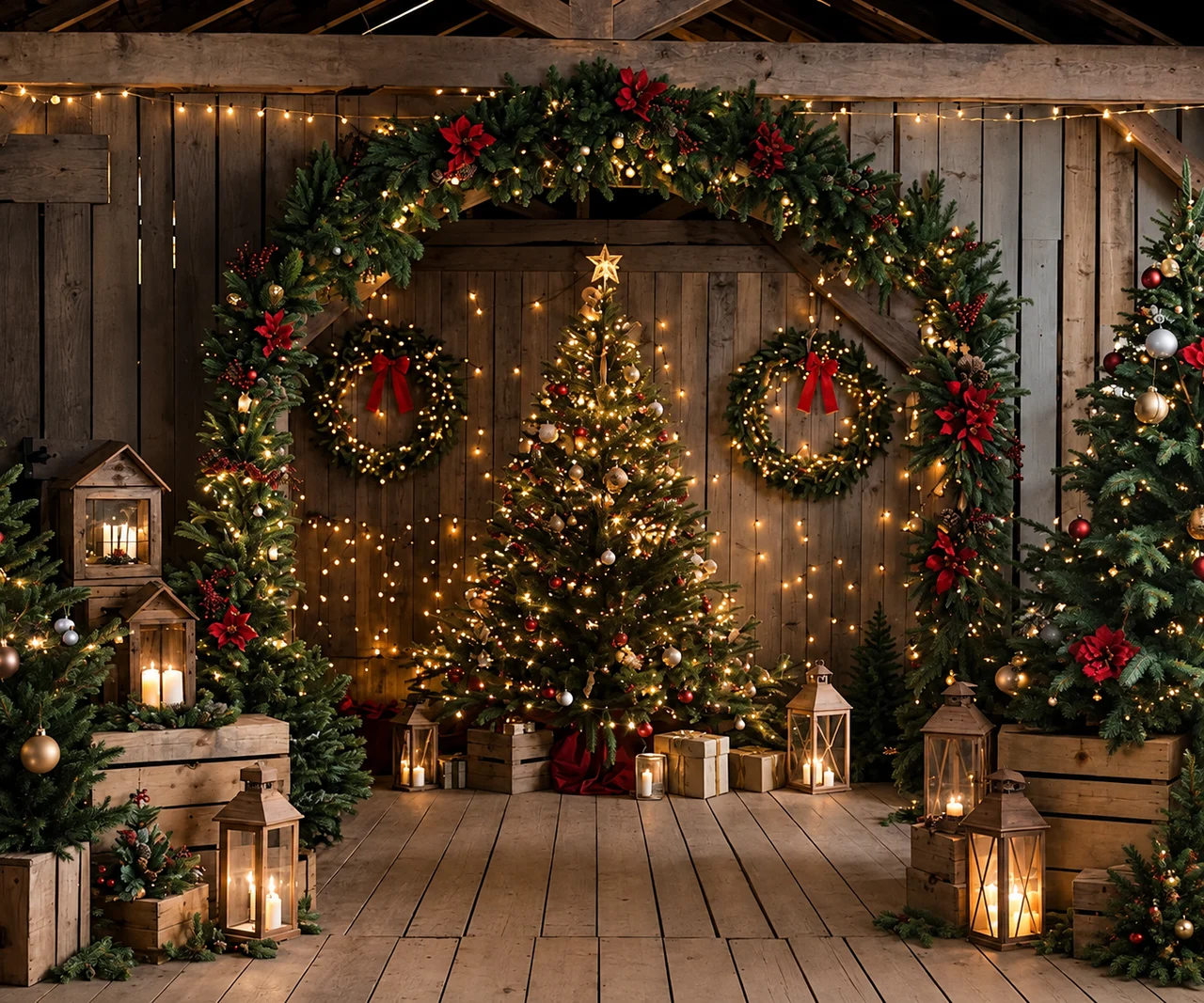 Referencia del fondo navideño 2026: arco de pino, árbol central, coronas, faroles y piso de madera